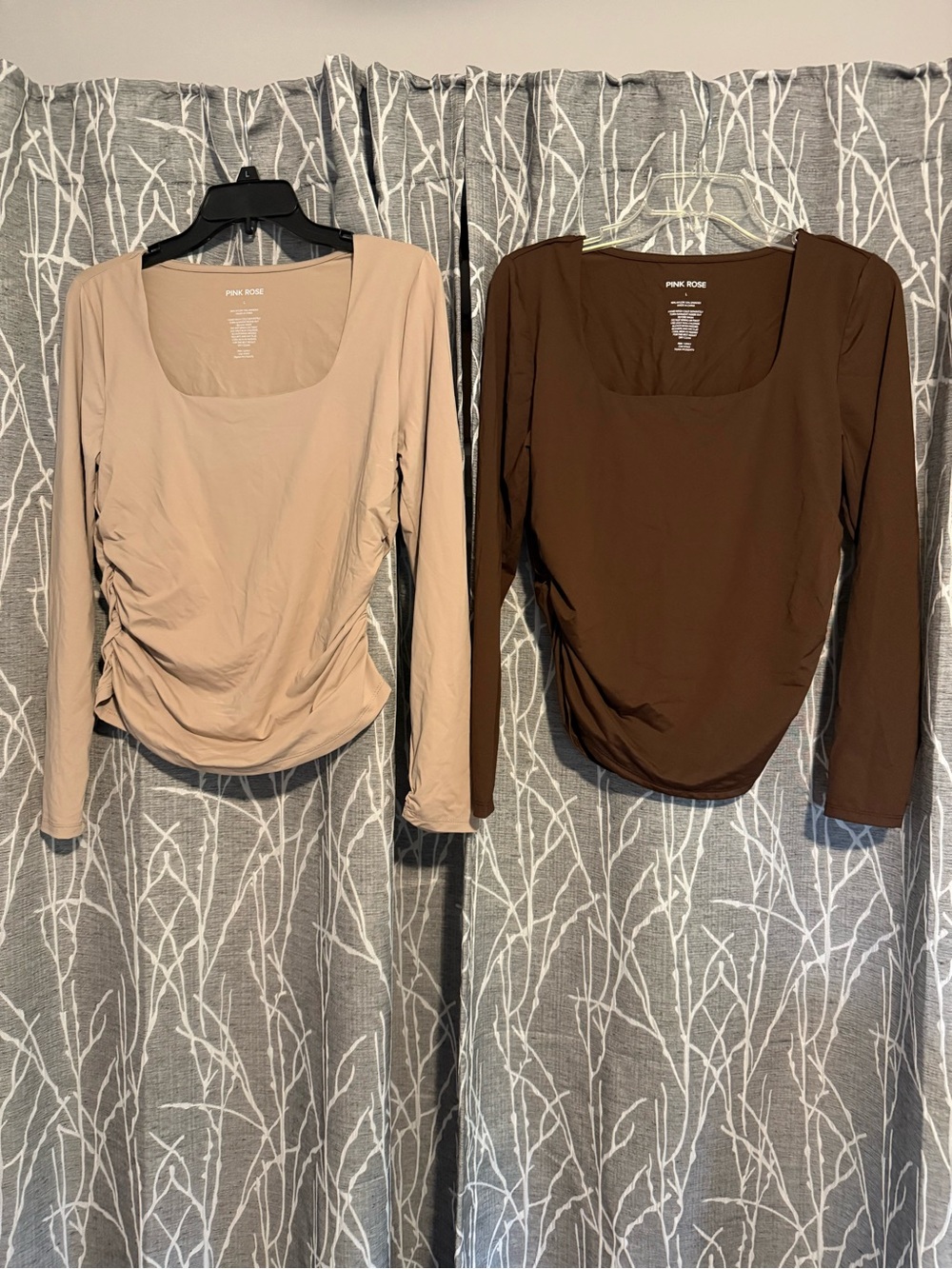 NWOT 2 PINK ROSE Long Sleeve Square Scoop Neck Tops in Beige/Nude & Brown size L